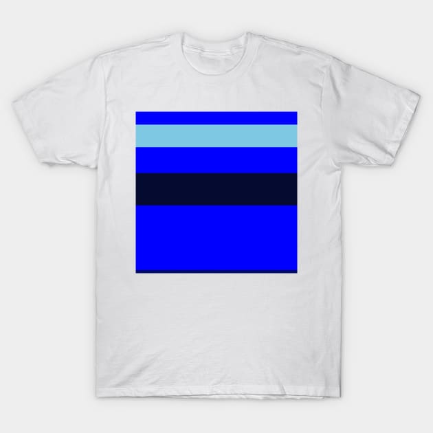 An admirable miscellany of Sky Blue, Blue, Darkblue and Dark Navy stripes. T-Shirt by Sociable Stripes